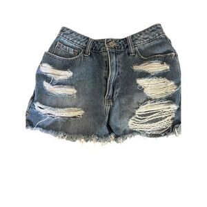 Hollister Ultra High-Rise Vintage Relaxed Mom Shorts Distressed Denim Blue 0 W24